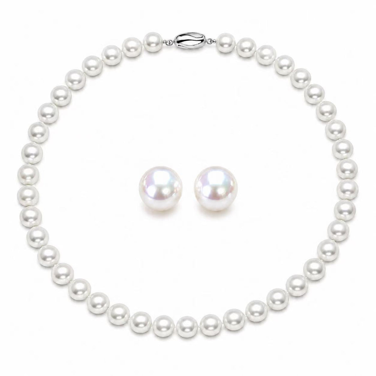 Freshwater Pearl Jewellery Set | 10–11mm Button Studs & 7.5–8.5mm Necklace