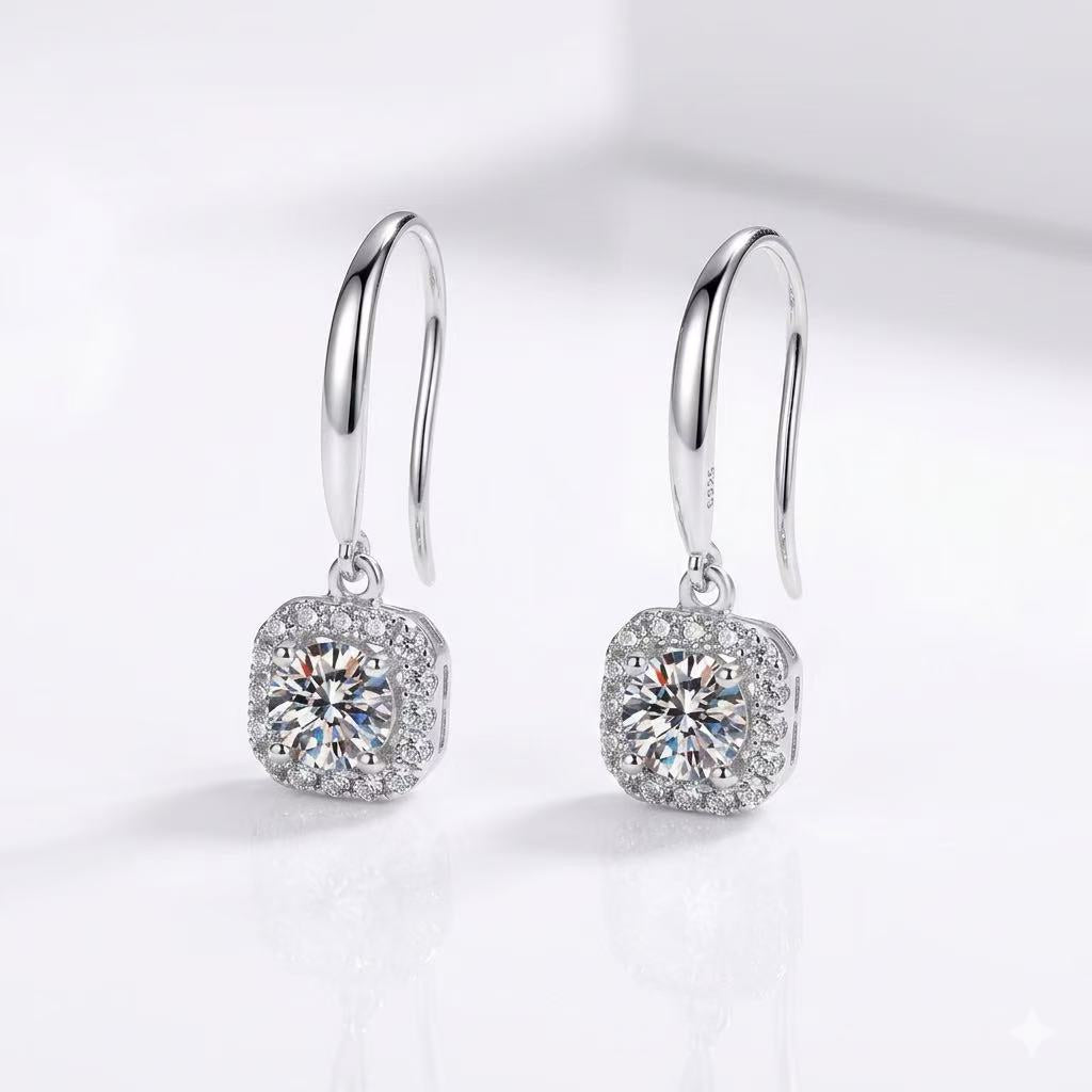 Moissanite Halo Drop Earrings – Cushion Cut Style