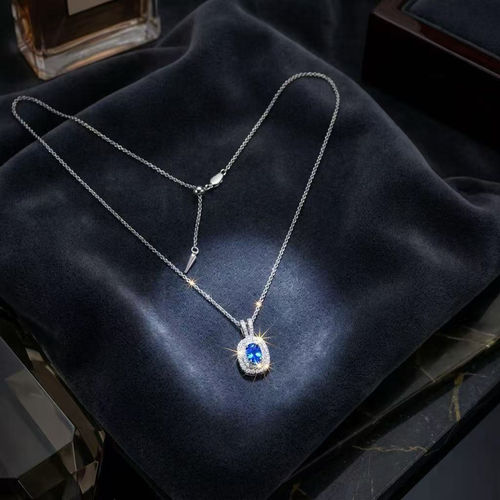 Lab-Grown Sapphire Pendant Necklace in 925 Sterling Silver with White Gold Finish