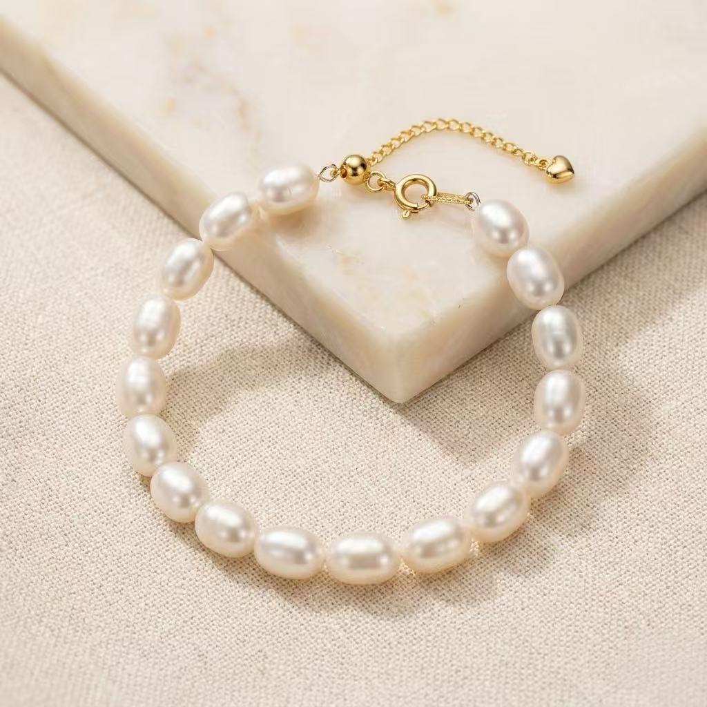 Natural Freshwater Rice Pearl Bracelet | 925 Sterling Silver 18K Gold Plated