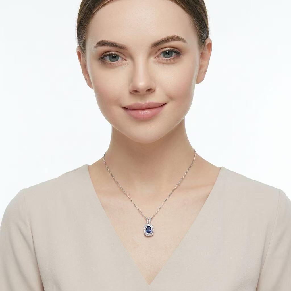 Lab-Grown Sapphire Pendant Necklace in 925 Sterling Silver with White Gold Finish