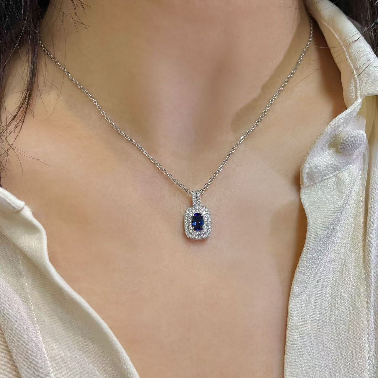 Lab-Grown Sapphire Pendant Necklace in 925 Sterling Silver with White Gold Finish