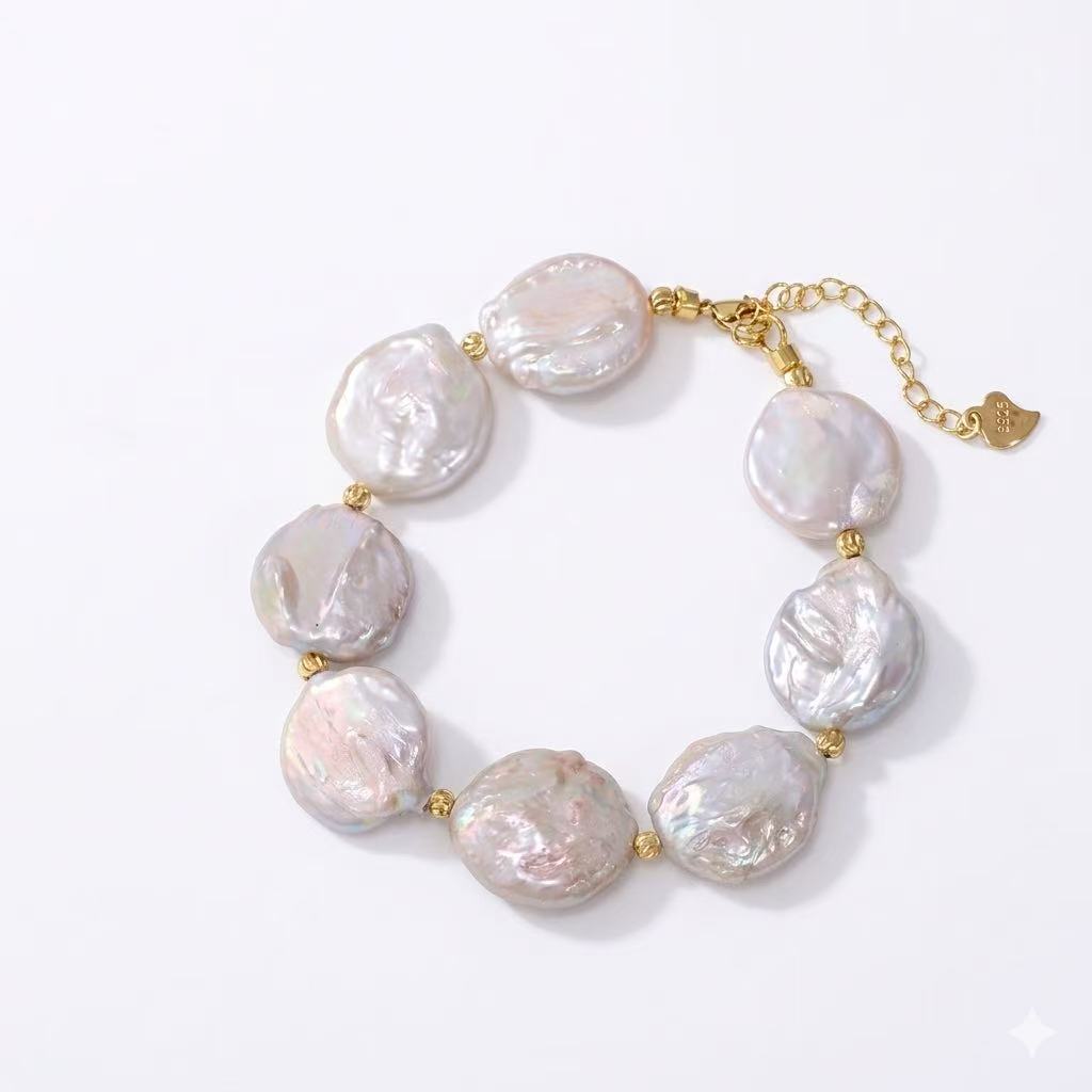Flat Baroque Pearl Bracelet – Freshwater Pearl, 18K Gold Plated (White / Lavender)