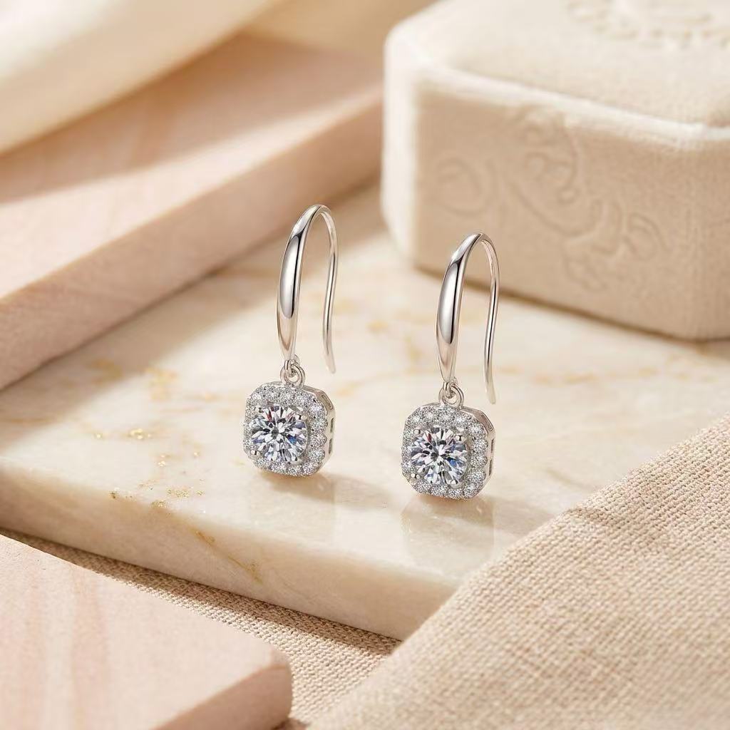 Moissanite Halo Drop Earrings – Cushion Cut Style