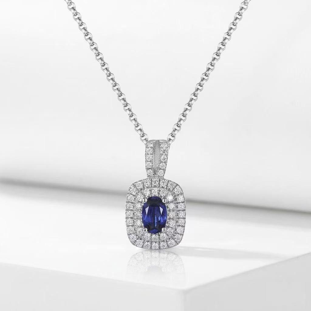 Lab-Grown Sapphire Pendant Necklace in 925 Sterling Silver with White Gold Finish