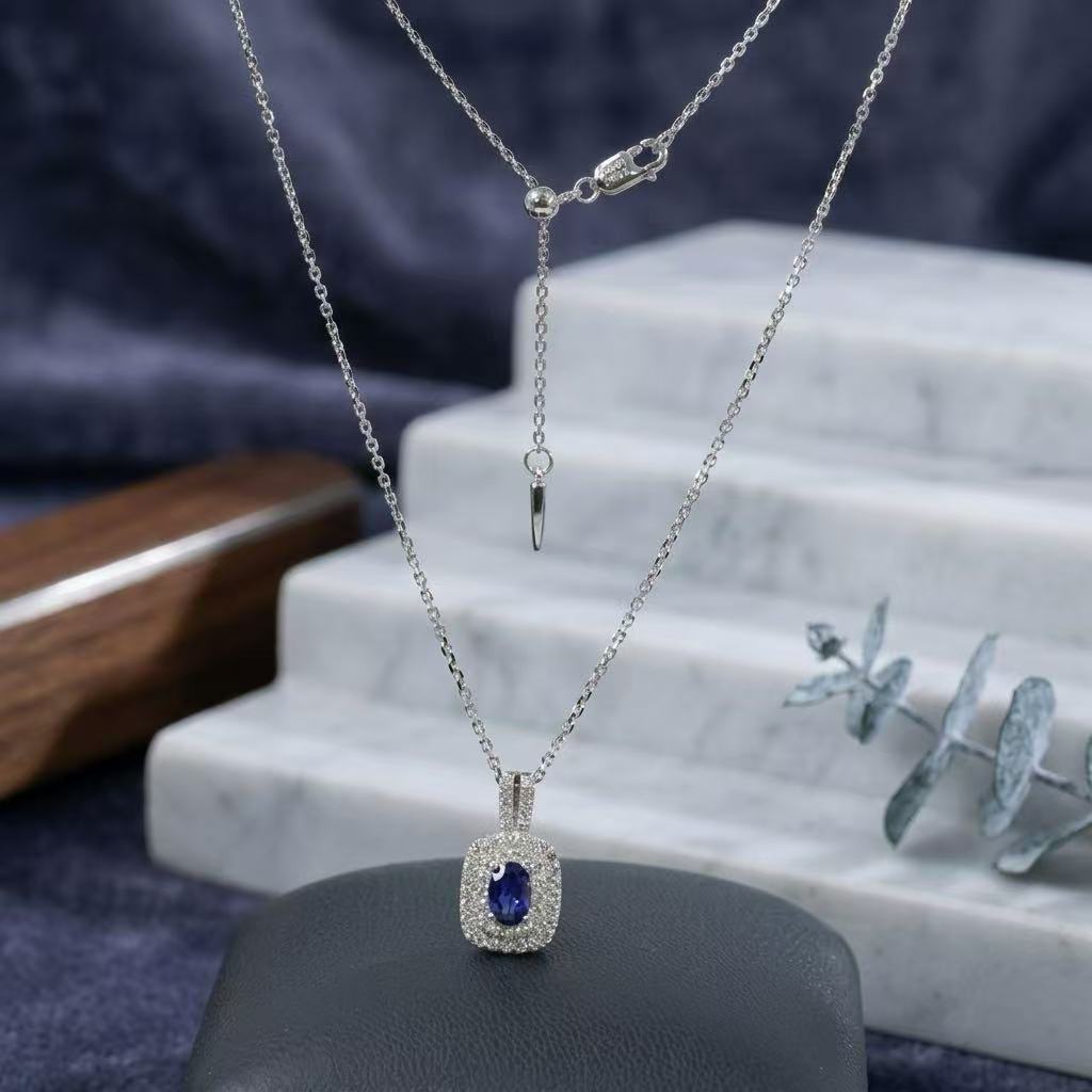 Lab-Grown Sapphire Pendant Necklace in 925 Sterling Silver with White Gold Finish