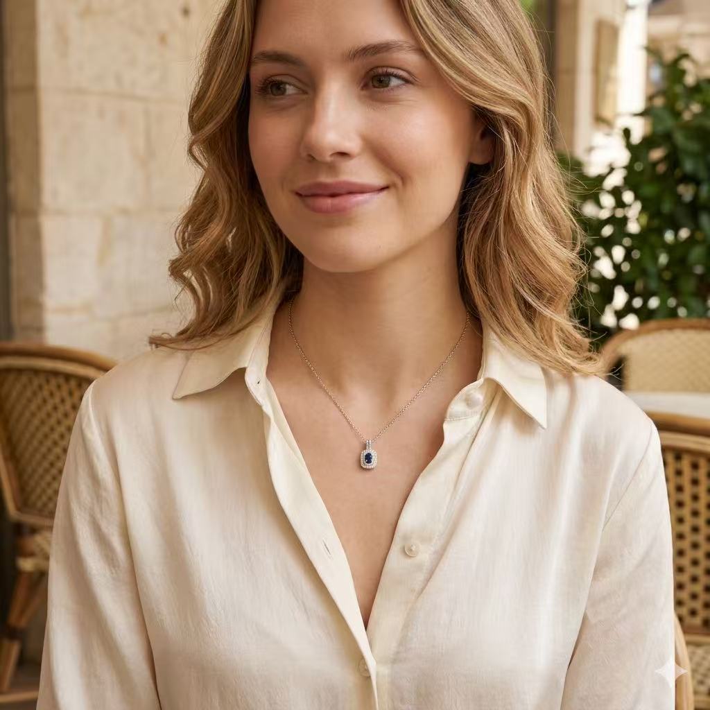 Lab-Grown Sapphire Pendant Necklace in 925 Sterling Silver with White Gold Finish