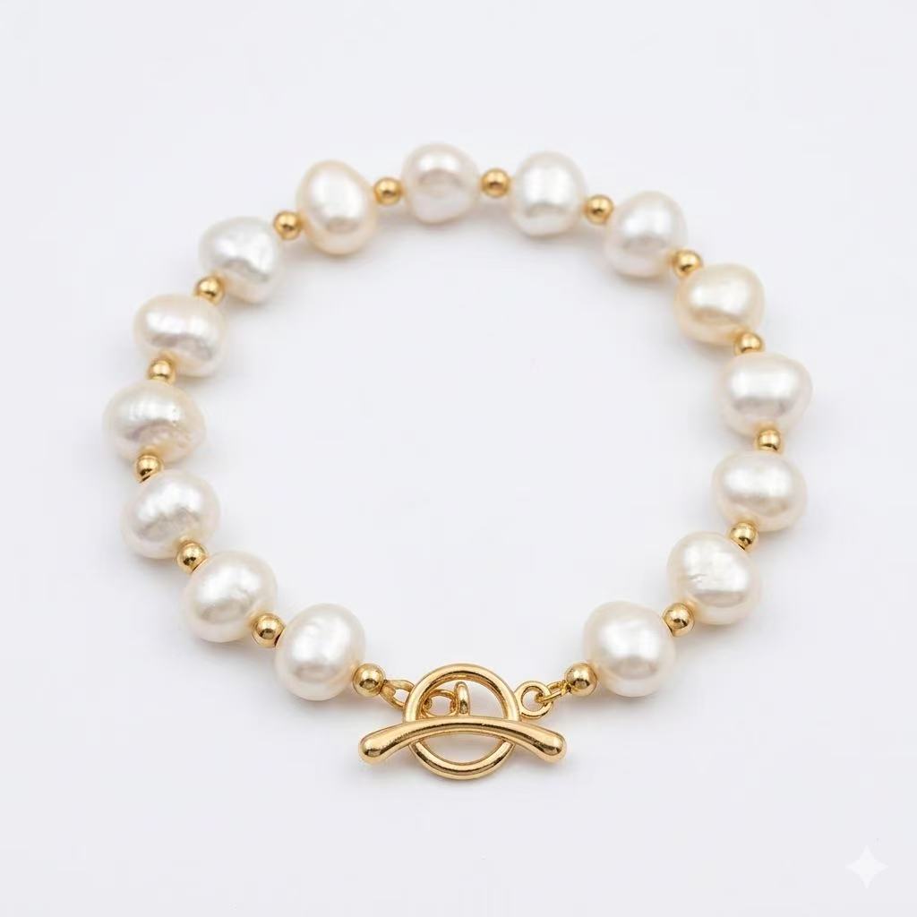 Natural Baroque Pearl Bracelet – White Freshwater Pearl, 18K Gold Plated