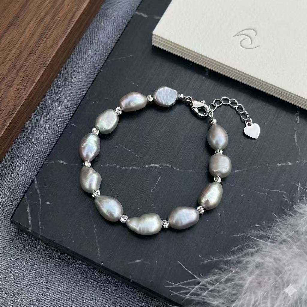Natural Baroque Black Pearl Bracelet – Freshwater Pearl, 925 Sterling Silver