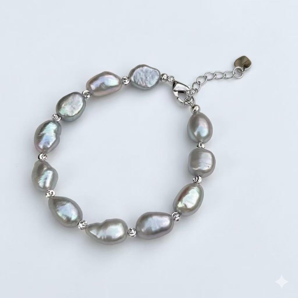 Natural Baroque Black Pearl Bracelet – Freshwater Pearl, 925 Sterling Silver
