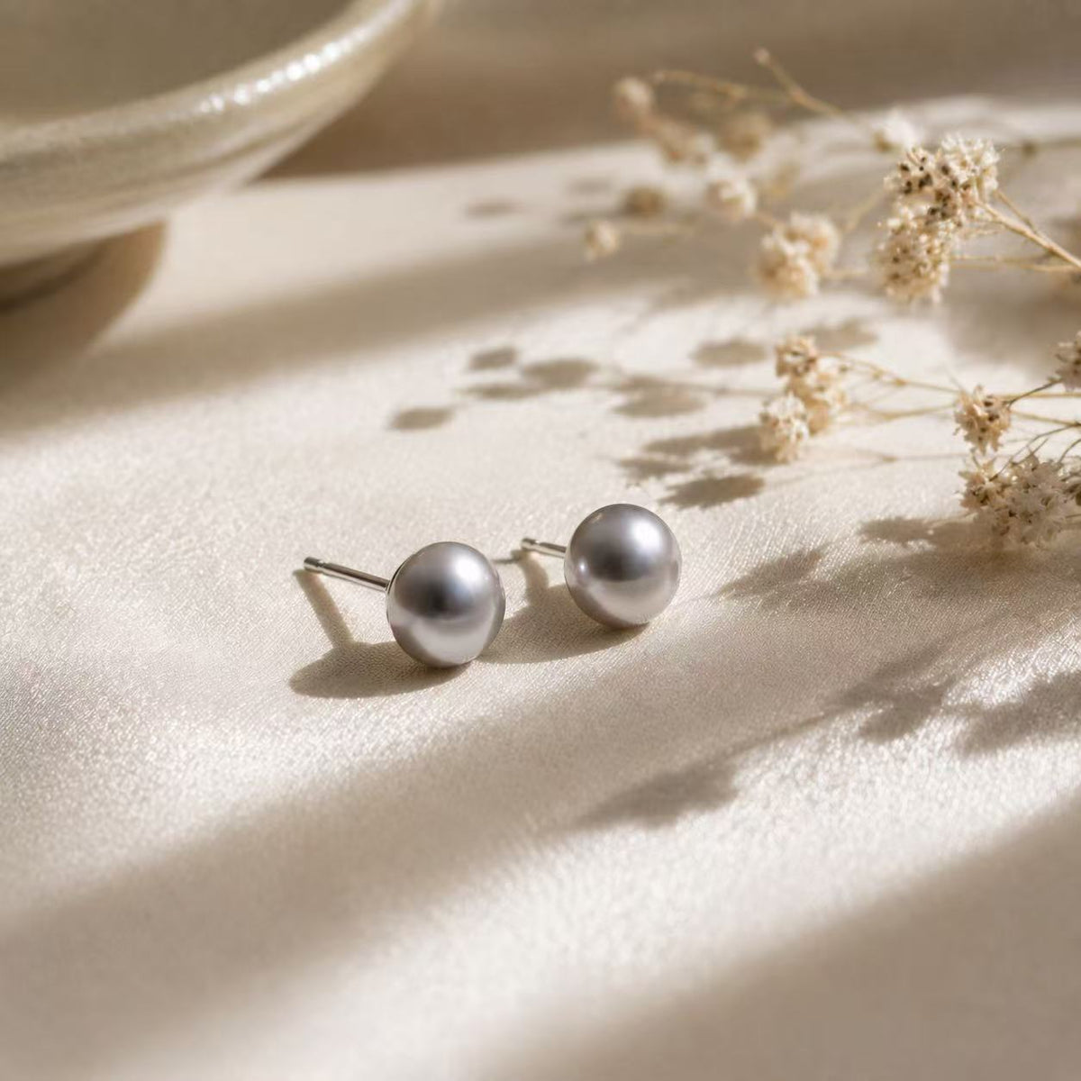 Grey Freshwater Pearl Stud Earrings | 6–6.5mm High-Lustre Button Pearls