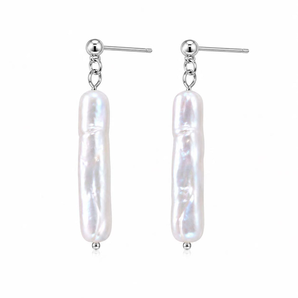 Baroque Freshwater Pearl Drop Earrings | 6×22mm Long Iridescent Pearl
