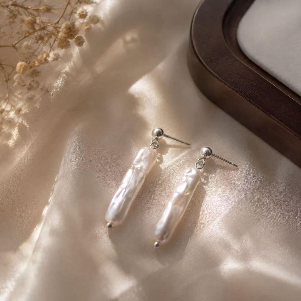 Baroque Freshwater Pearl Drop Earrings | 6×22mm Long Iridescent Pearl