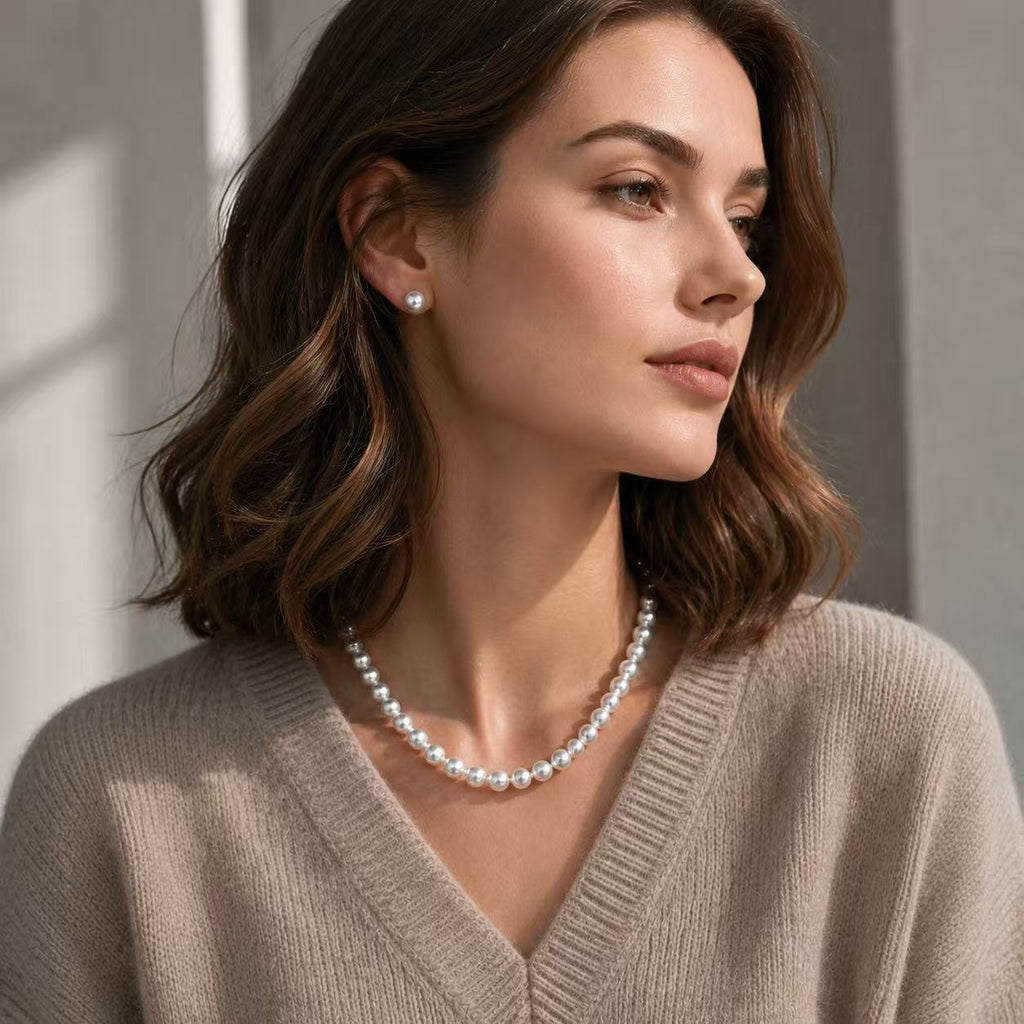 Freshwater Pearl Jewellery Set | 10–11mm Button Studs & 7.5–8.5mm Necklace