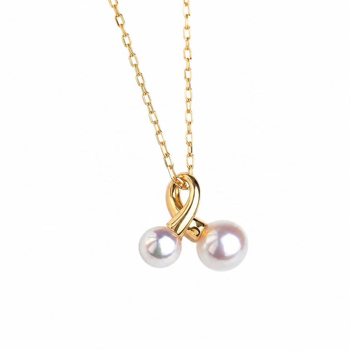 18K Gold Freshwater Pearl Cherry Pendant Necklace | Two 6–8mm Natural White Pearls