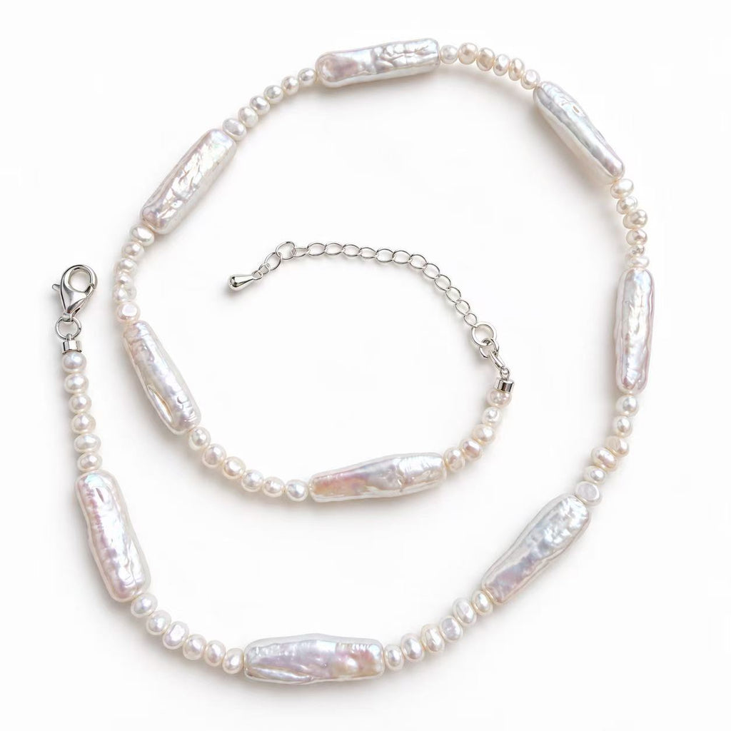 Rectangular Baroque Pearl Necklace | 6 × 21mm & 3–4mm High-Lustre Iridescent Pearls