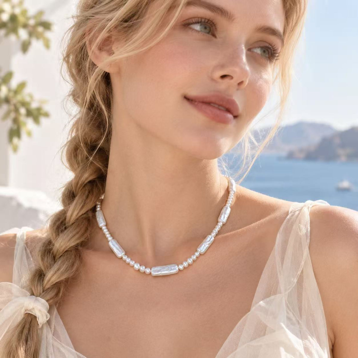 Rectangular Baroque Pearl Necklace | 6 × 21mm & 3–4mm High-Lustre Iridescent Pearls