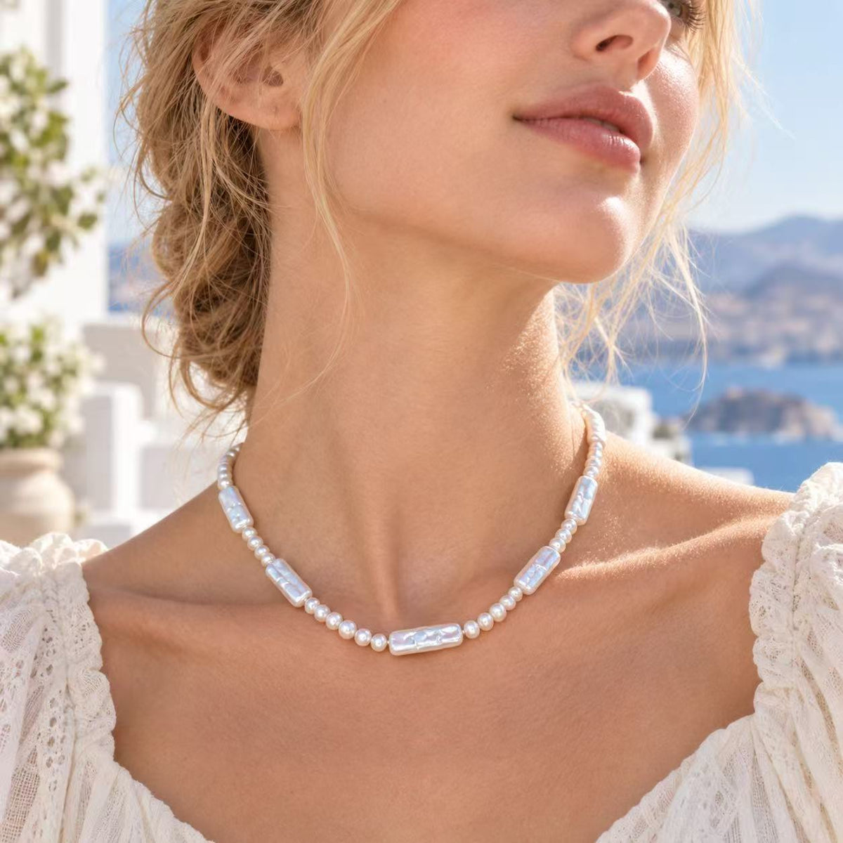 Rectangular Baroque Pearl Necklace | 6 × 21mm & 3–4mm High-Lustre Iridescent Pearls