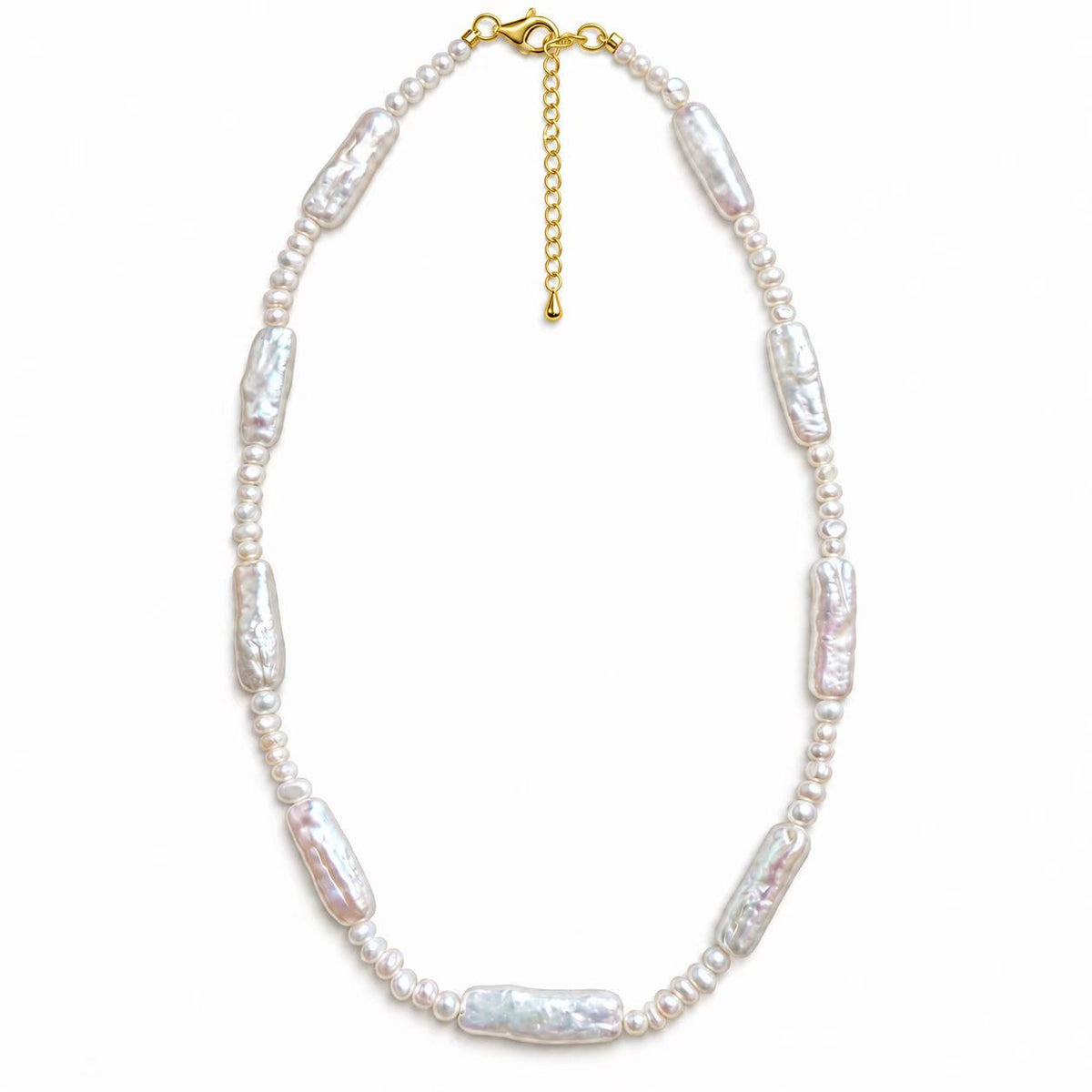 Rectangular Baroque Pearl Necklace | 6 × 21mm & 3–4mm High-Lustre Iridescent Pearls