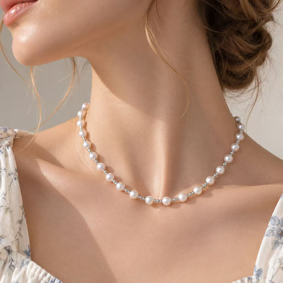 Near-Round Freshwater Pearl & 925 Sterling Silver Square Bead Necklace | 6–7mm Premium High-Lustre Pearls