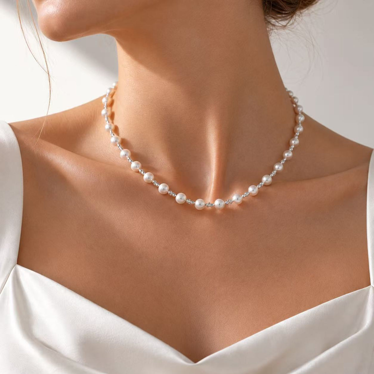 Near-Round Freshwater Pearl & 925 Sterling Silver Square Bead Necklace | 6–7mm Premium High-Lustre Pearls
