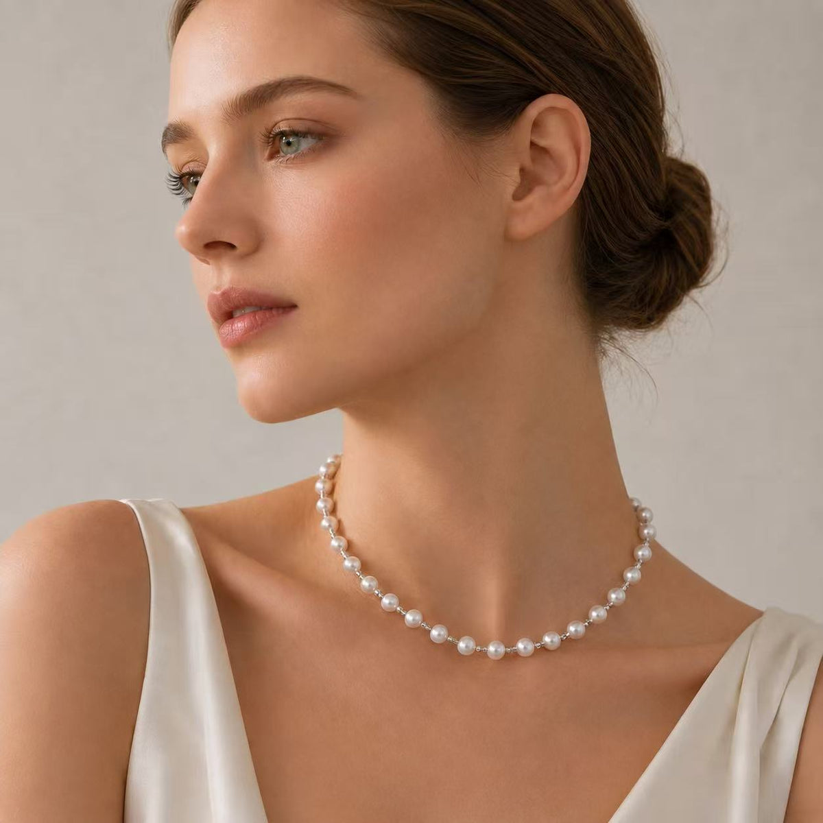 Near-Round Freshwater Pearl & 925 Sterling Silver Square Bead Necklace | 6–7mm Premium High-Lustre Pearls