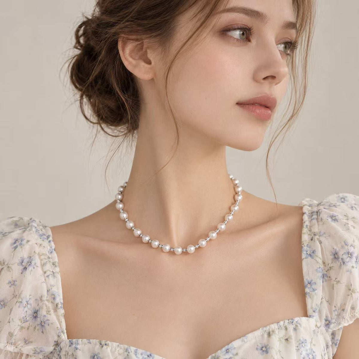 Near-Round Freshwater Pearl & 925 Sterling Silver Square Bead Necklace | 6–7mm Premium High-Lustre Pearls